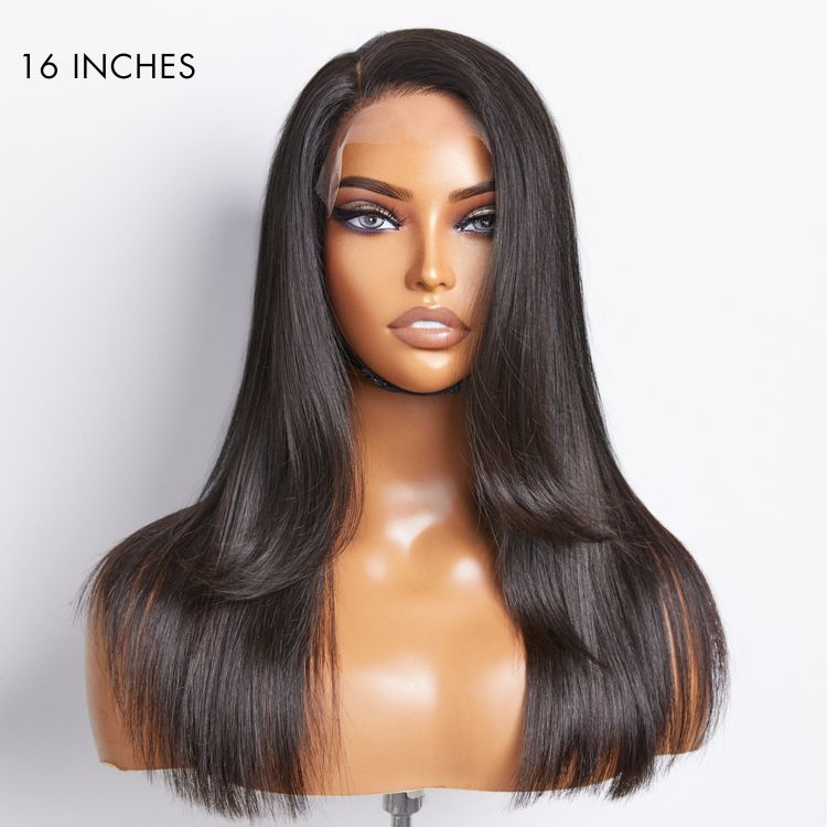 Silky straight layered bangs 5x5 closure wig with HD lace, glueless design, by Luvme Hair, shown with natural parting and smooth texture.