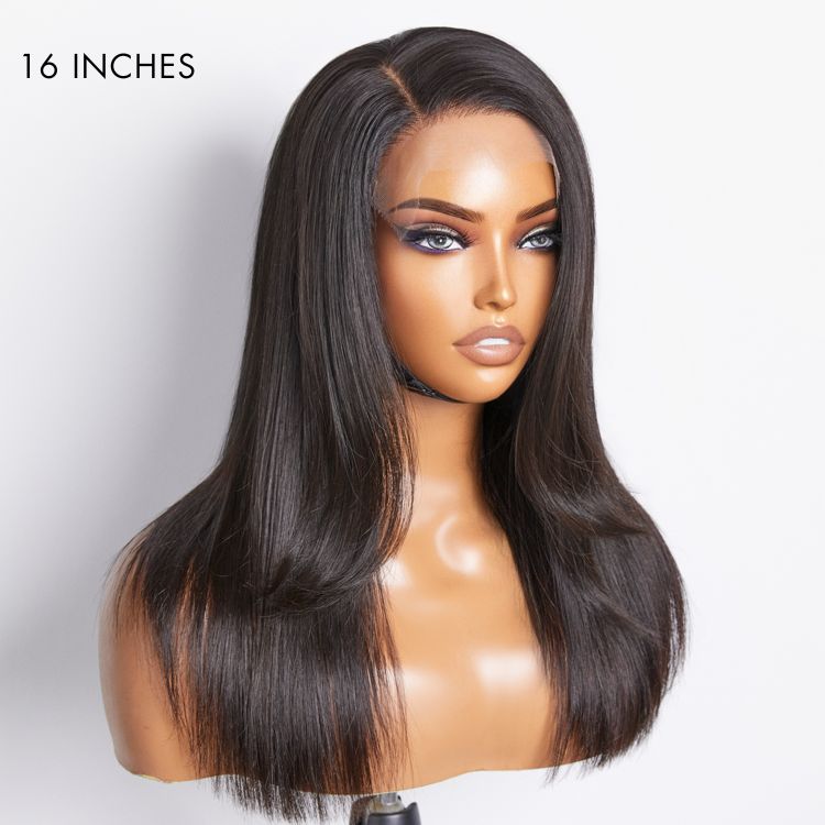 Silky straight layered bangs 5x5 closure wig with HD lace, glueless design by Luvme Hair, showcasing natural hairline and lace details.