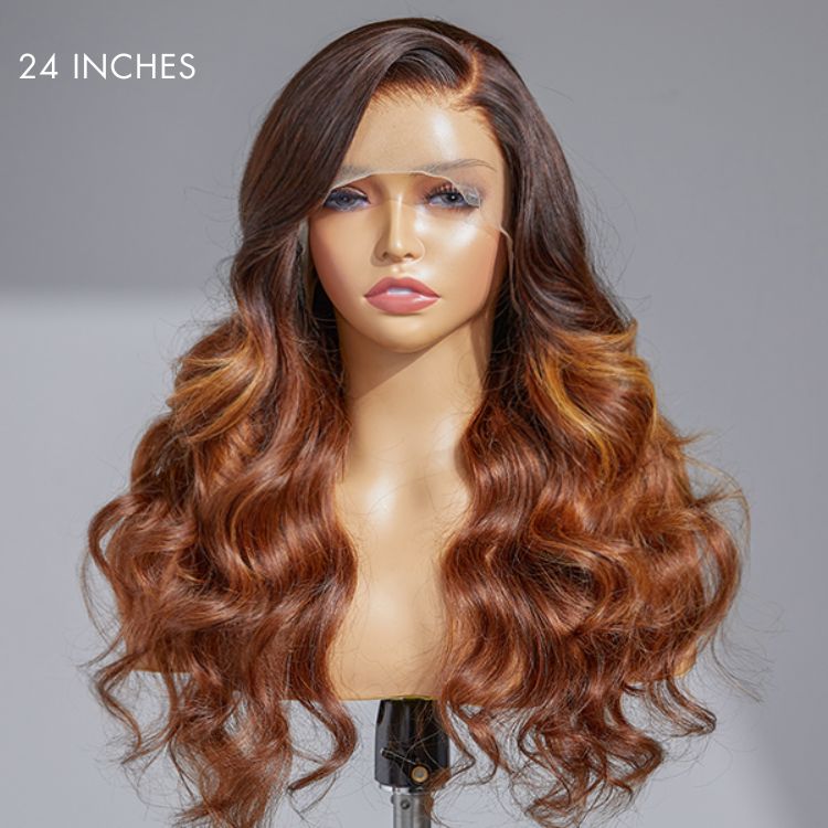 Limited Design | Amanda Honey Brown Highlight Glueless 13x4 Frontal Lace Side Part Long Wig | Large & Small Cap Size-06