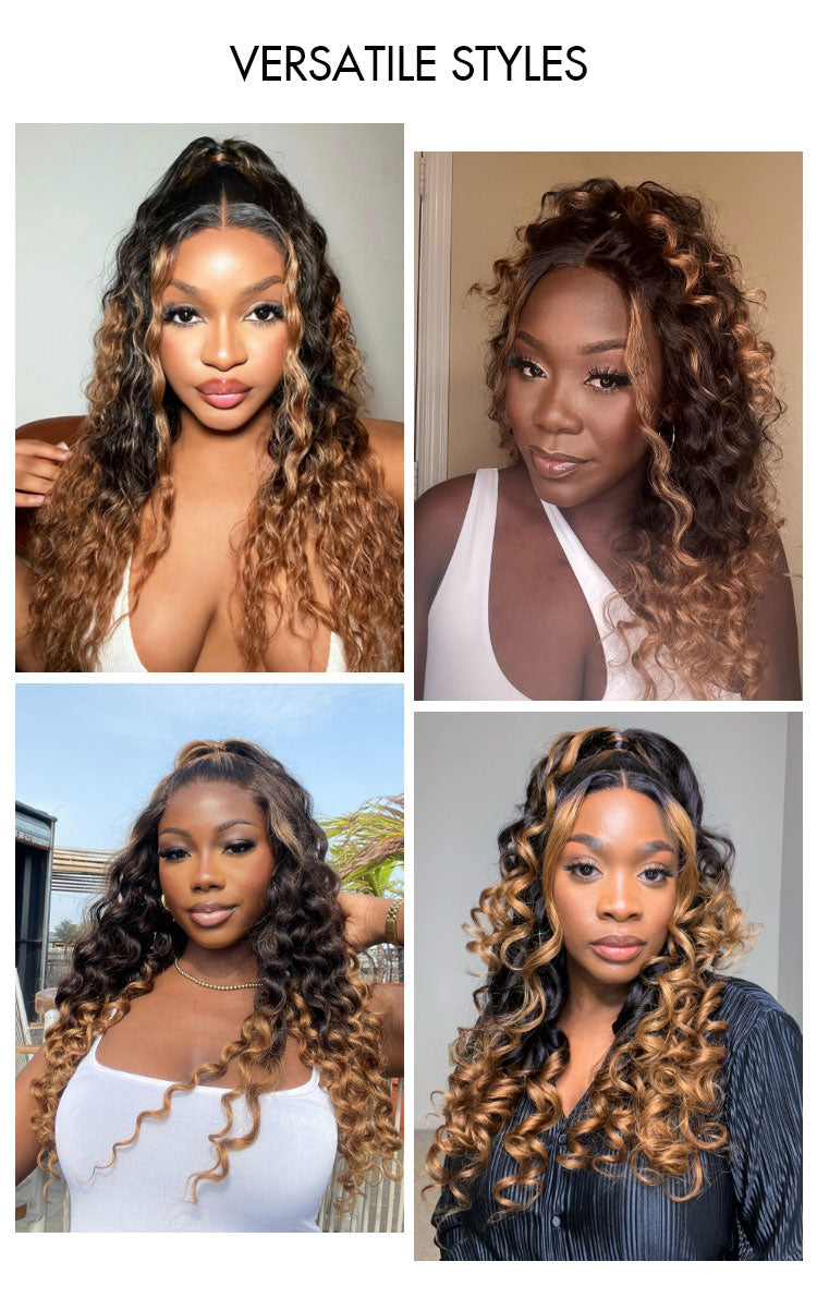 Special Deal | Fluffy Brown Ombre Highlights Water Wave Glueless 5x5 Closure HD Lace Long Curly Wig Breathable Cap-12