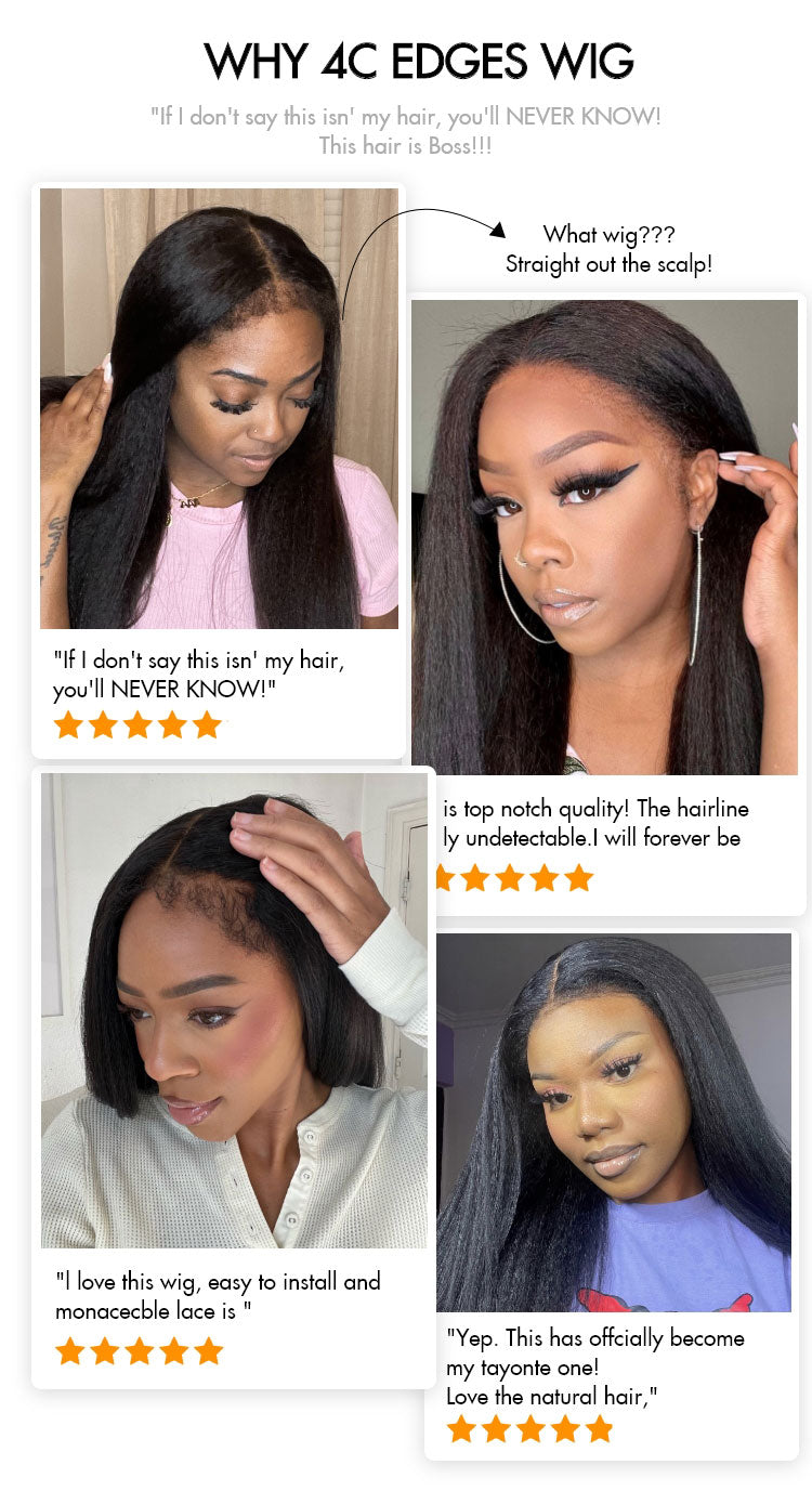 4C Edges | Natural Black Kinky Edges Kinky Straight 5x5 Closure Glueless Long Wig 100% Human Hair - US Only-04