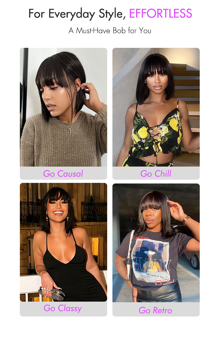 Weekly Special | Put On and Go Realistic Glueless Yaki Straight Bob with Bangs Minimalist Lace Wig 100% Human Hair-03