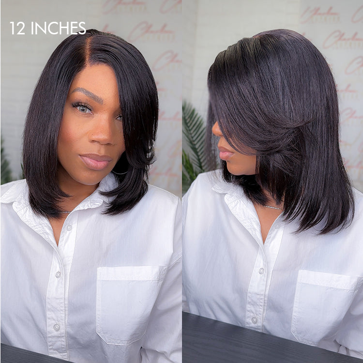 Luvme shaggy layered 4x4 closure wig with side-swept bangs, made from 100% human hair, showcasing textured hair and natural color.