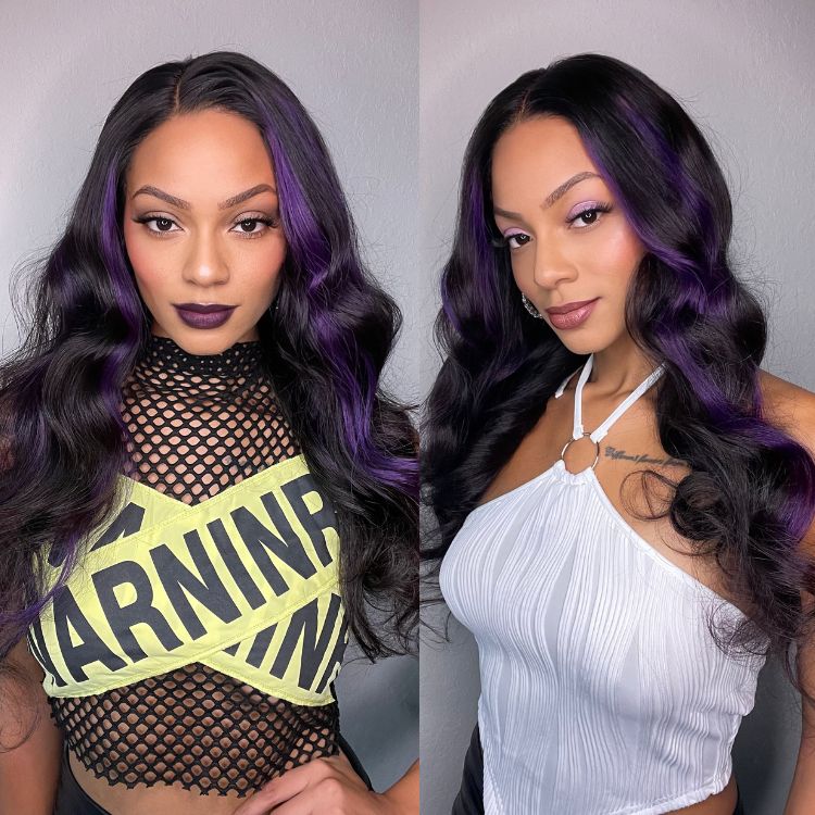 Purple Highlights Mid Part Loose Wave Glueless 5x5 Closure HD Lace Wig-01