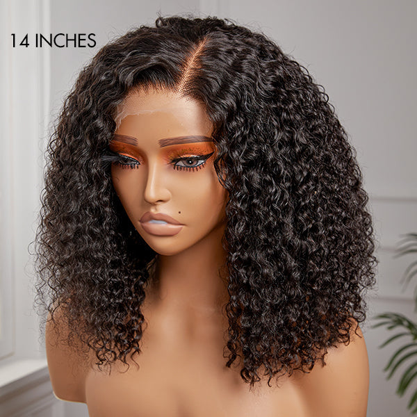 Luvme full kinky curly 5x5 closure HD lace glueless side part wig with neck-length 100% human hair, natural curl pattern.