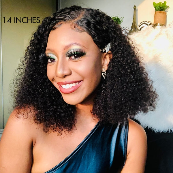 Luvme full kinky curly 5x5 closure HD lace glueless side part wig, human hair, neck length style, natural texture, detailed close-up.