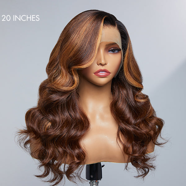 Luvme Hair blonde highlight loose body wave 13x4 frontal HD lace wig with long left side part