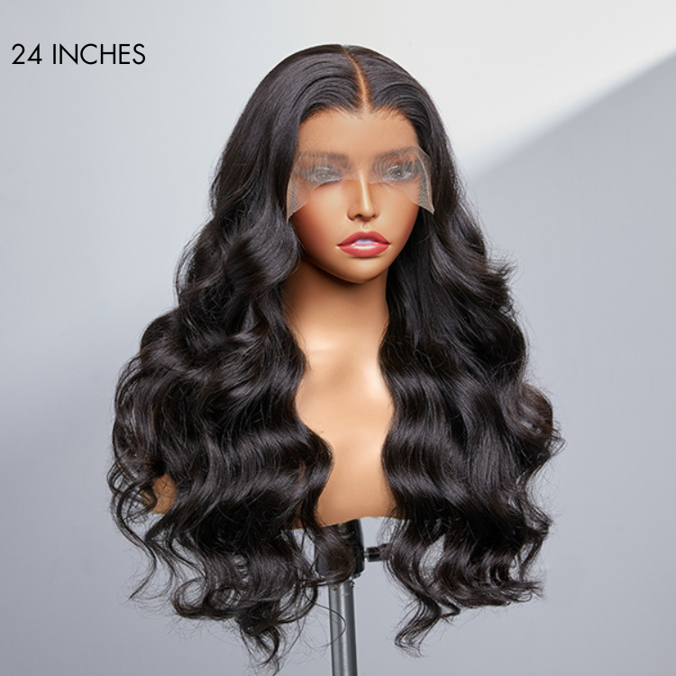 Luvme natural black 5x5 closure lace glueless long wig with body wave 200% density human hair, showcasing the wig's texture and lace closure