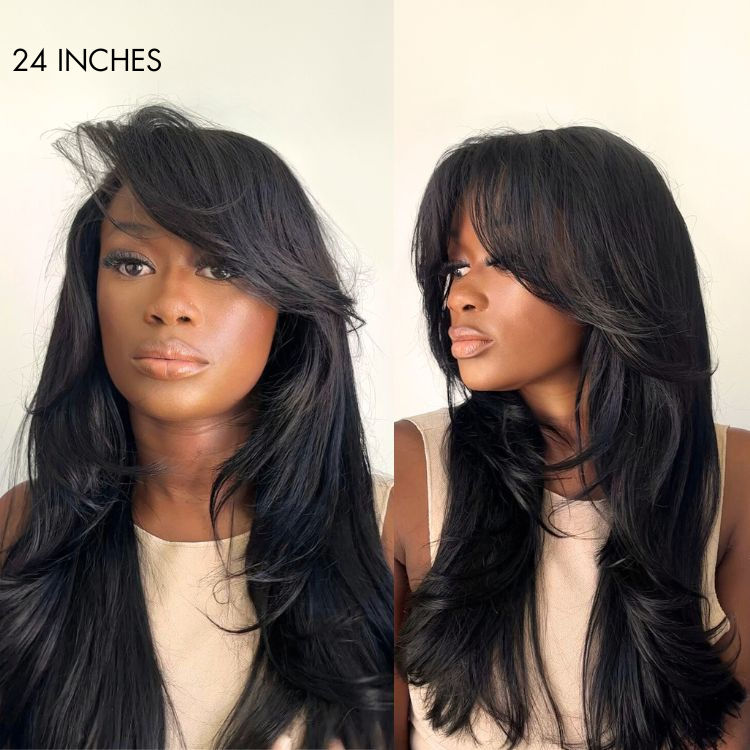 Luvme Hair 5x5 closure wig with layered cut, bangs, HD lace, glueless design, available in large and small cap sizes.