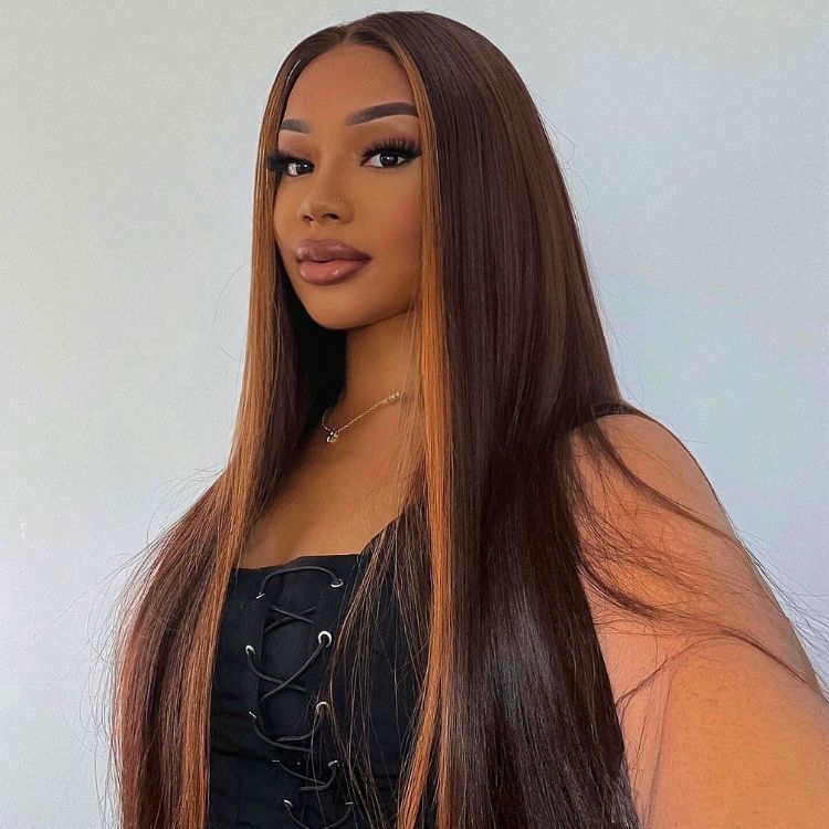 Honey Blonde Highlight Silky Straight Glueless 5x5 Closure Lace Wig 100% Human Hair - US Only-01