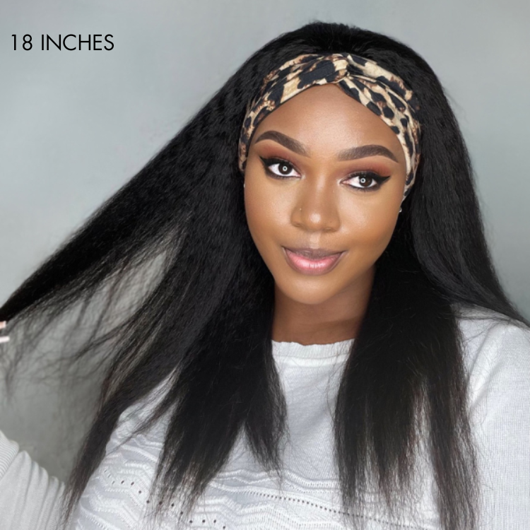 Luvme Put On & Go Glueless Kinky Straight Headband Wig made of 100% human hair with trendy headbands included.