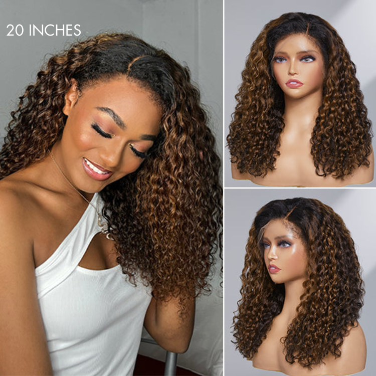 Luvme 13x4 frontal wig with deep wave, ombre brown color, glueless lace, side part, long kinky edges, HD lace for natural look.