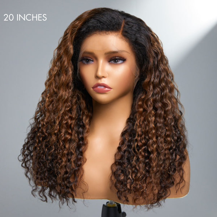 Luvme 13x4 frontal wig with deep wave kinky edges, ombre brown color, HD lace, side part, long glueless design.