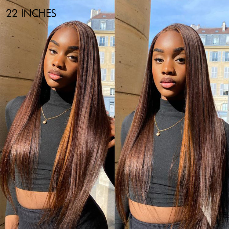 Honey blonde highlight silky straight 5x5 closure lace wig by Luvme, made of 100% human hair, showcasing the wig's lace closure and color details.