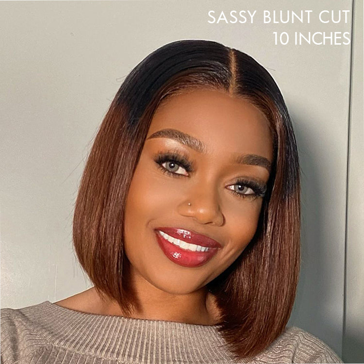 Luvme ombre highlight silky blunt cut 5x5 closure wig with HD lace, pre-cut lace, available in large and small cap sizes.