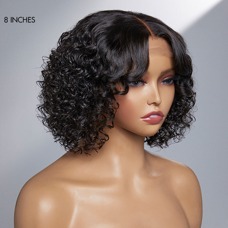 Luvme casual bouncy curly 4x4 lace closure wig with bangs, short length, 100% human hair, glueless style.