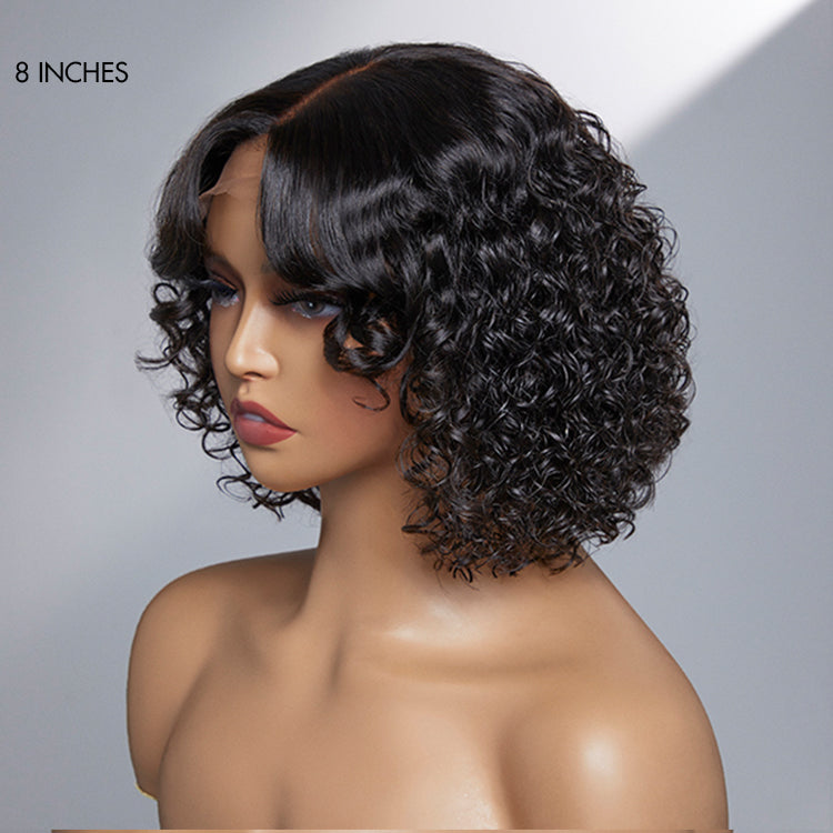 Luvme casual bouncy curly 4x4 closure lace glueless short wig with bangs, made of 100% human hair, styled with volumetric curls