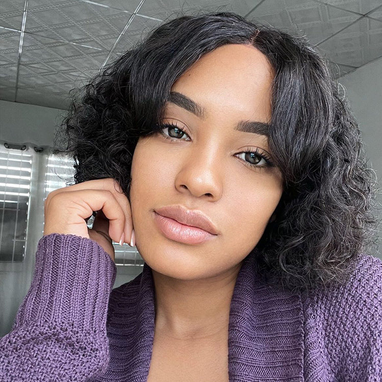 Casual Bouncy Curly 4x4 Closure Lace Glueless Short Wig with Bangs 100% Human Hair - US Only-01