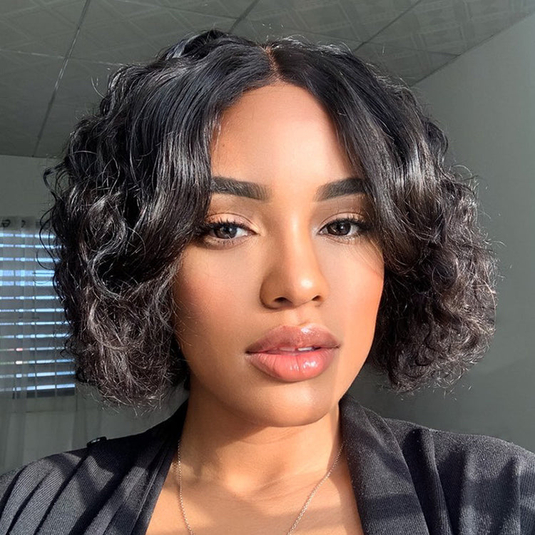 Luvme casual bouncy curly 4x4 closure lace wig with bangs, short style, 100% human hair, glueless fit.