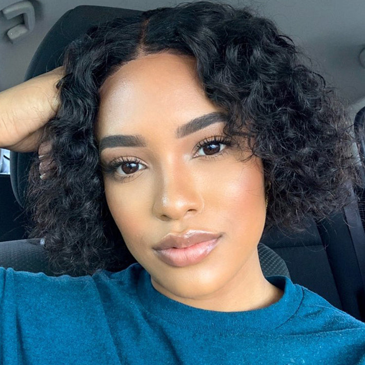 Luvme casual bouncy curly 4x4 closure lace glueless short wig with bangs, made of 100% human hair, shown on a mannequin.