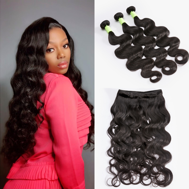 Luvme 3-pack of virgin human hair bundles with body wave, water wave, deep wave, yaki straight, and silky straight textures.