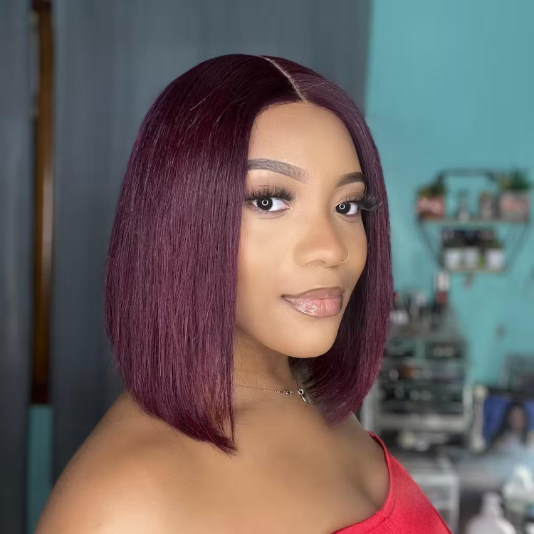 Reddish Purple Glueless Blunt Cut Bob 5x5 Closure Wig 100% Human Hair | Easy Install & Effortless-01