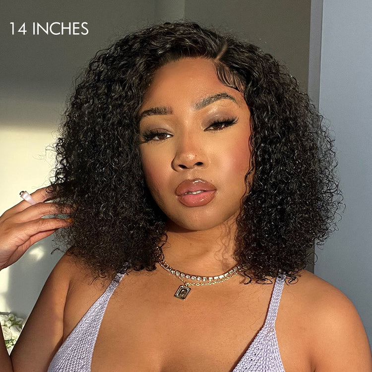 Luvme full kinky curly 5x5 closure HD lace glueless side part wig with neck-length human hair, natural curly texture.