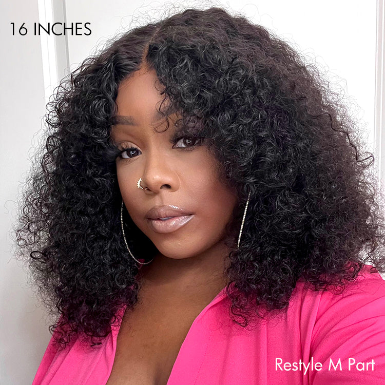 Luvme full kinky curly 5x5 closure HD lace glueless side part wig with neck-length 100% human hair, natural hairline and texture.