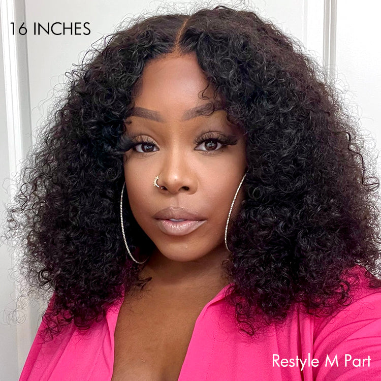 Luvme full kinky curly 5x5 closure HD lace glueless side part wig with neck-length 100% human hair, natural texture.