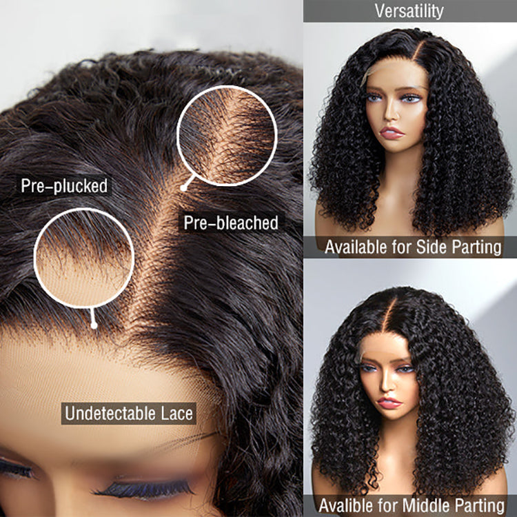Luvme full kinky curly 5x5 closure HD lace glueless side part wig with neck-length 100% human hair, natural curly texture.