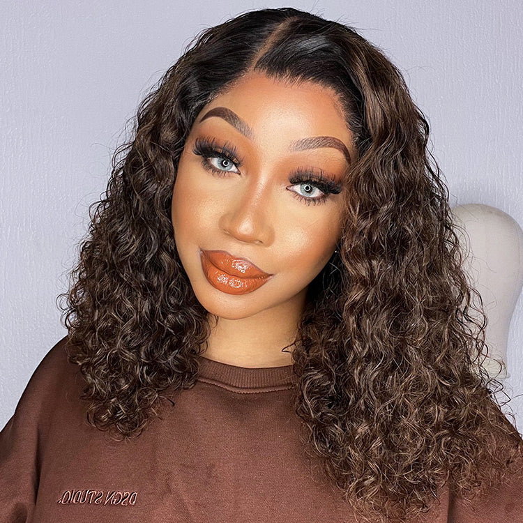 Luvme black to brown ombre bouncy curly 4x4 closure lace glueless long wig with side part, natural hair texture and volume.