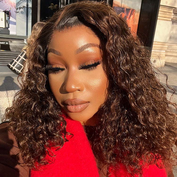 Luvme black to brown ombre bouncy curly 4x4 closure lace glueless side part long wig showing curls and lace closure detail