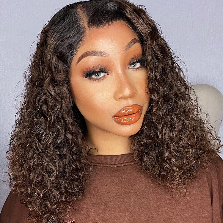 Black to Brown Ombre Bouncy Curly 4x4 Closure Lace Glueless Side Part Long Wig- US Only-01