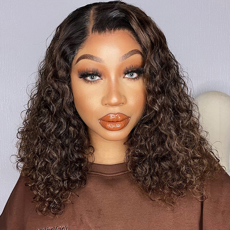 Luvme black to brown ombre bouncy curly 4x4 closure lace glueless side part long wig showing curls and closure details