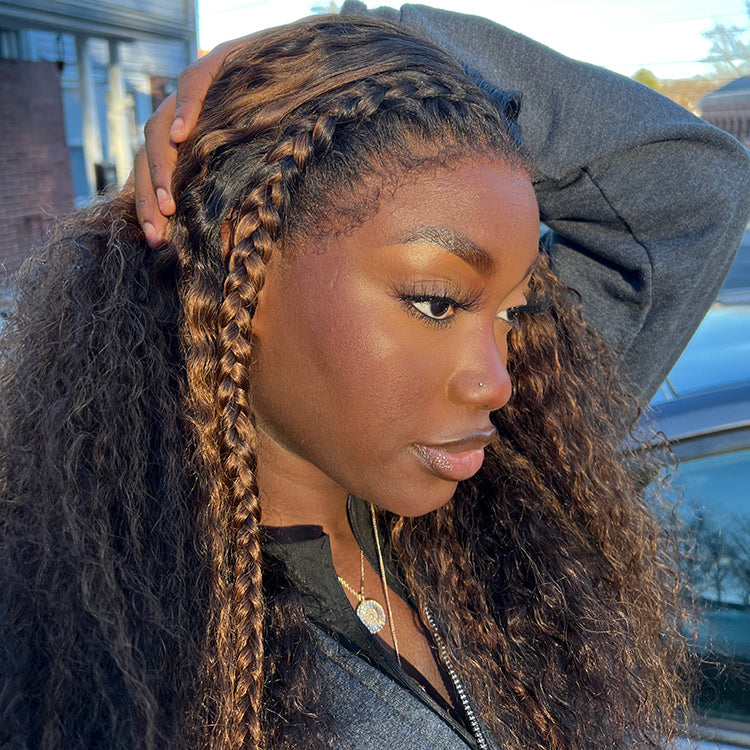 Luvme 13x4 HD lace frontal wig with kinky edges, ombre brown deep wave, glueless side part, long wig for natural look