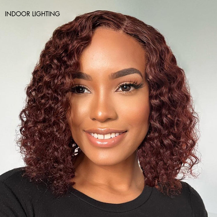 Reddish Brown Water Wave 4x4 Closure Lace Glueless C Part Short Wig 100% Human Hair - US ONLY-01