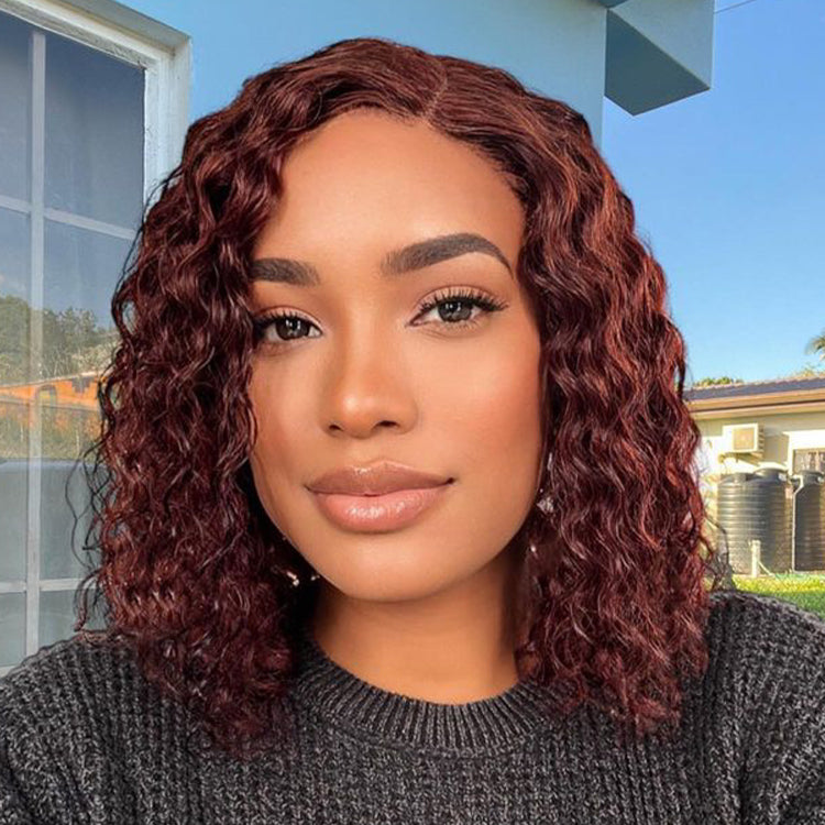 Reddish Brown Water Wave 4x4 Closure Lace Glueless C Part Short Wig 100% Human Hair - US ONLY-03