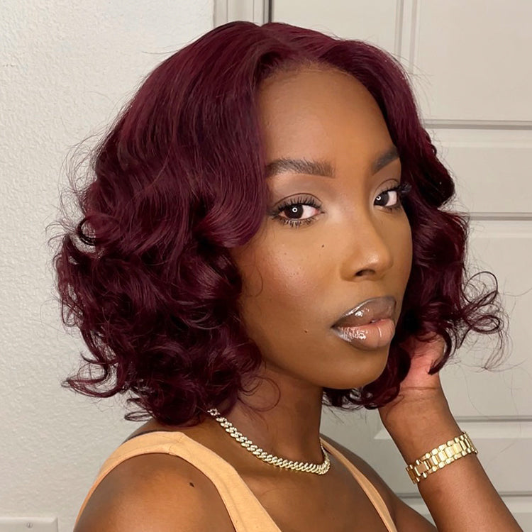 Luvme dark plum 99J minimalist lace wig with loose waves, short length, glueless HD lace, mid part, natural look.
