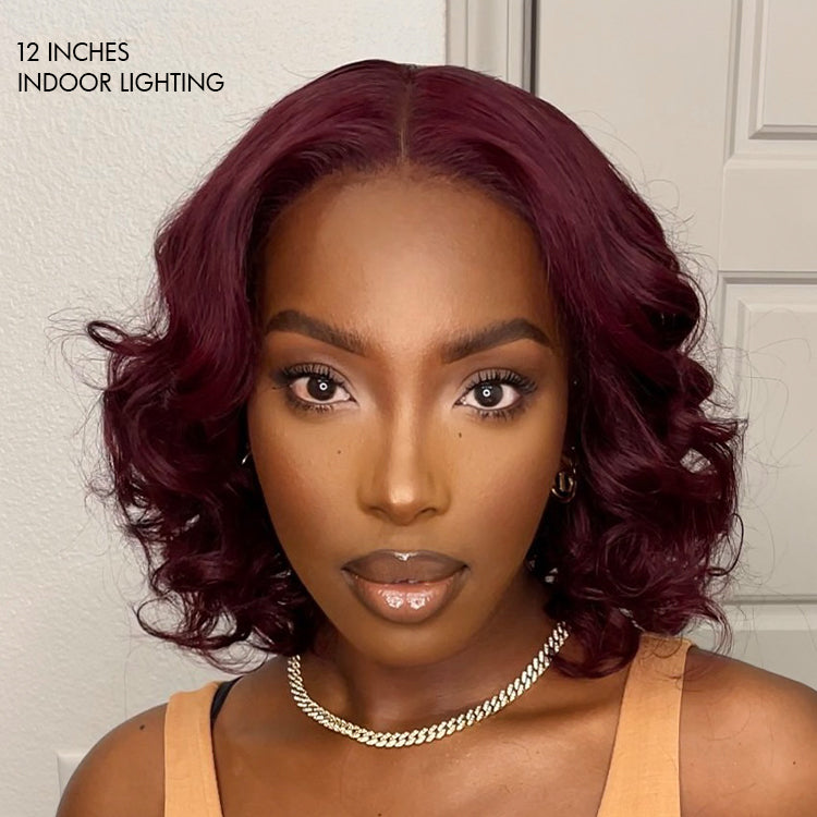 Luvme dark plum 99J minimalist lace wig with loose wave texture, glueless design, mid-part, short length, HD lace for natural look