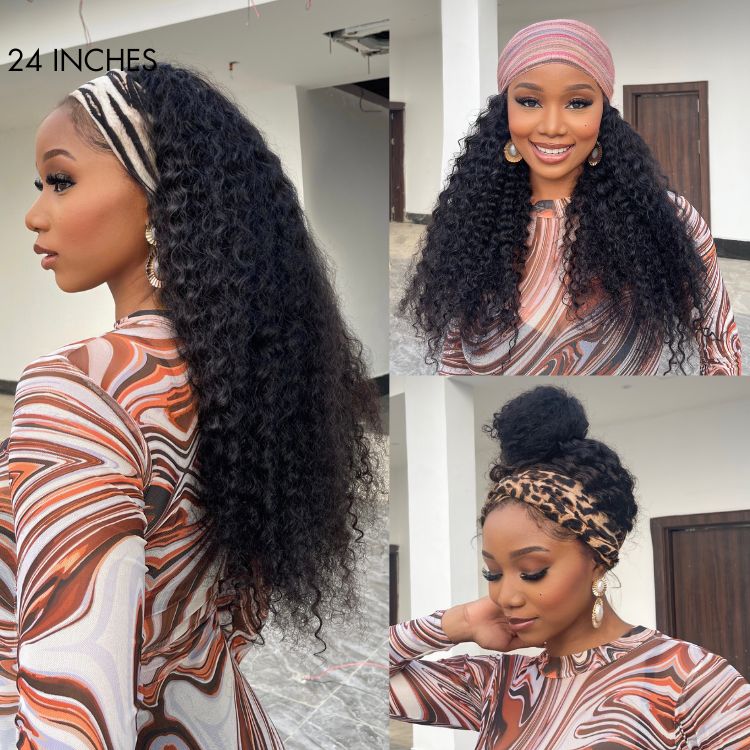 Special Deal | Throw On & Go Natural Black / Blonde Highlight Deep Wave No Lace Glueless Long Headband Wig (Get Free Trendy Headbands)-11