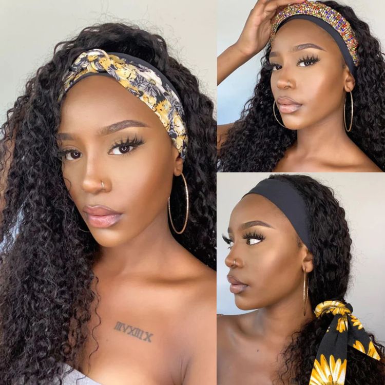 Special Deal | Throw On & Go Natural Black / Blonde Highlight Deep Wave No Lace Glueless Long Headband Wig (Get Free Trendy Headbands)-07