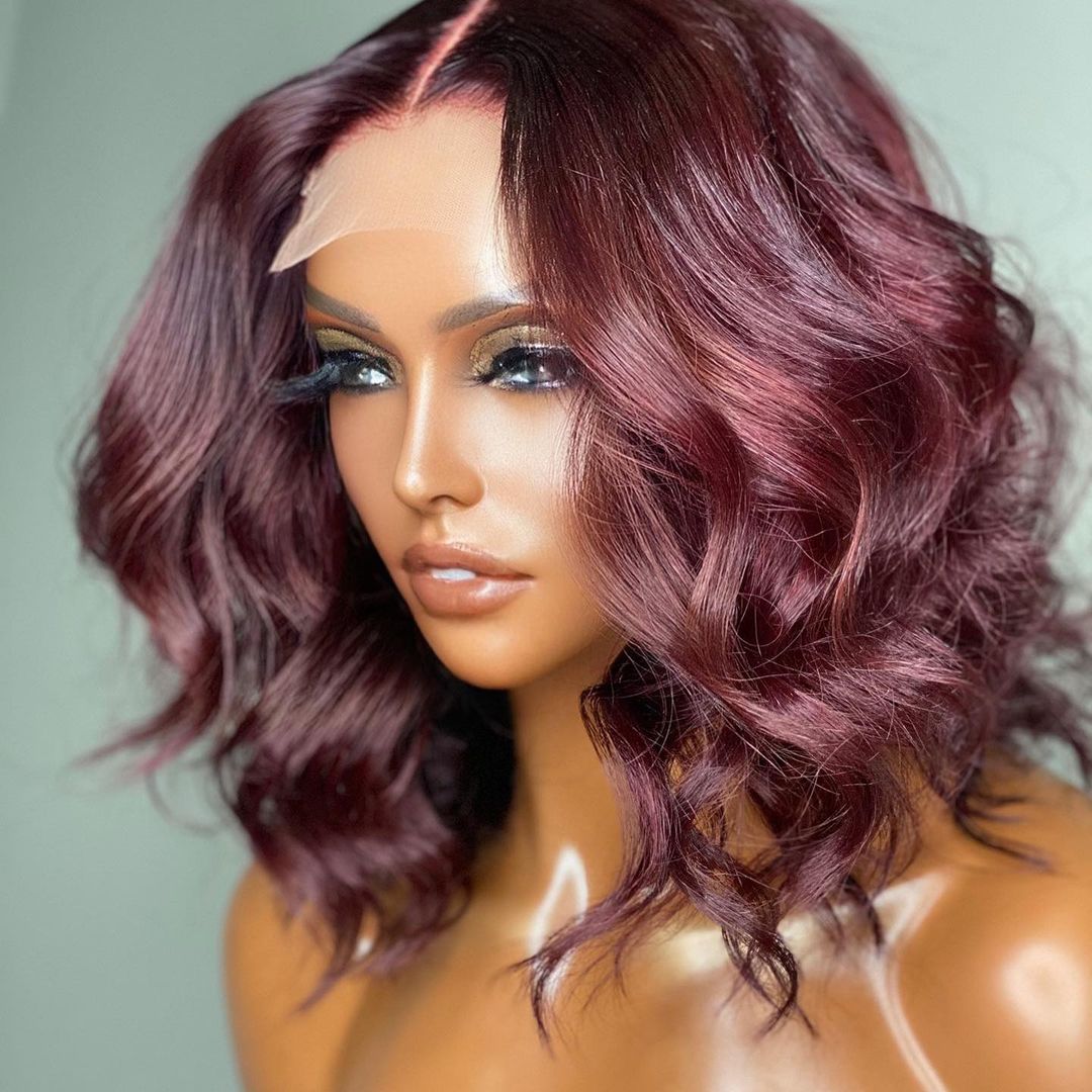 Dark Plum 99J Hair Color Wig Loose Wave Minimalist HD Lace Glueless Mid Part Short Wig - US Only-01