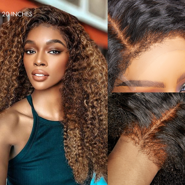 Luvme 13x4 HD lace frontal wig with kinky edges, ombre brown deep wave, glueless long wig with side part.
