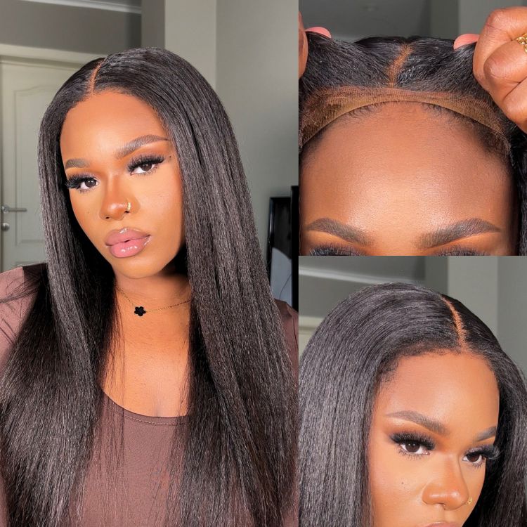 Special Deal | 4C Edges | Natural Black / Ombre Brown Kinky Edges Kinky Straight 5x5 Closure Glueless Long Wig 100% Human Hair