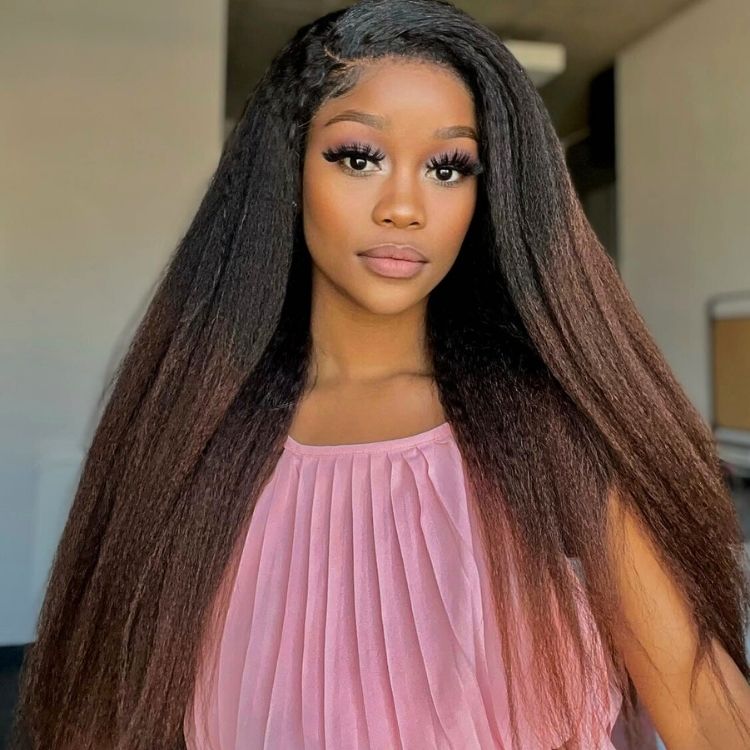 4C Edges | Kinky Edges Black to Brown Ombre Kinky Straight 5x5 Closure Lace Glueless Side Part Long Wig- US ONLY-06