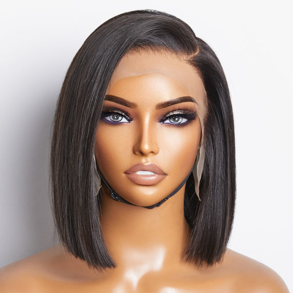 Luvme Hair glueless 13x4 frontal lace wig with silky straight C part, ear-to-ear lace, pre-bleached natural hairline for a sleek look.