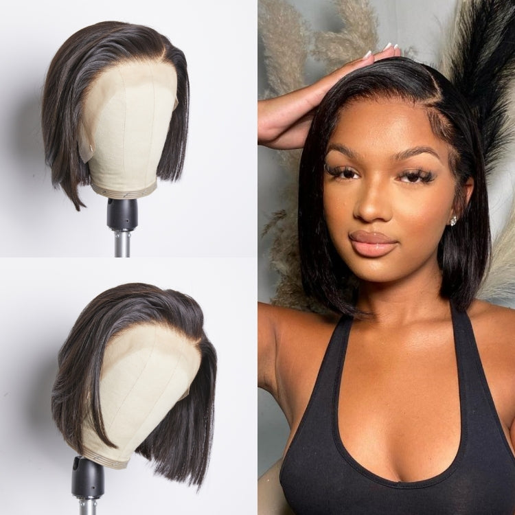 Luvme Hair glueless 13x4 frontal lace ear-to-ear silky straight C part bob wig with pre-bleached knots, natural hairline.
