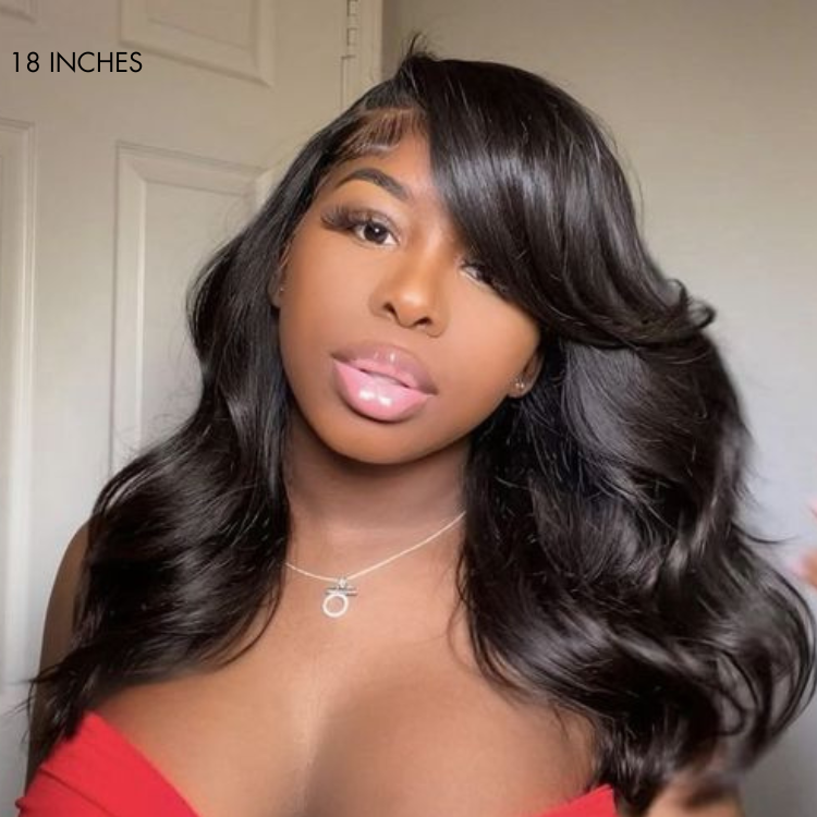 Graceful Natural Black Body Wave with Bangs 5x5 Closure Lace Glueless C Part Long Wig 100% Human Hair-09