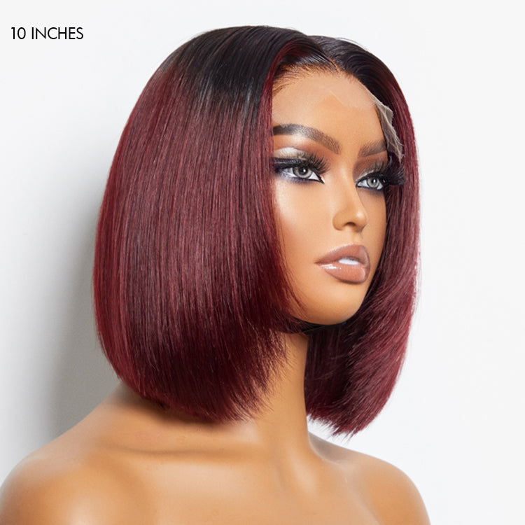 Luvme 5x5 closure wig with ombre highlights, silky straight texture, blunt cut, glueless design, HD lace, available in large and small cap sizes.