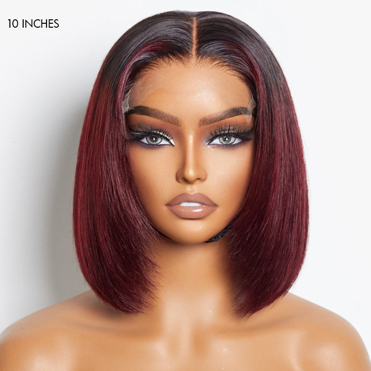 Luvme 5x5 closure wig with ombre highlights, silky blunt cut, HD lace, glueless design, in large and small cap sizes.